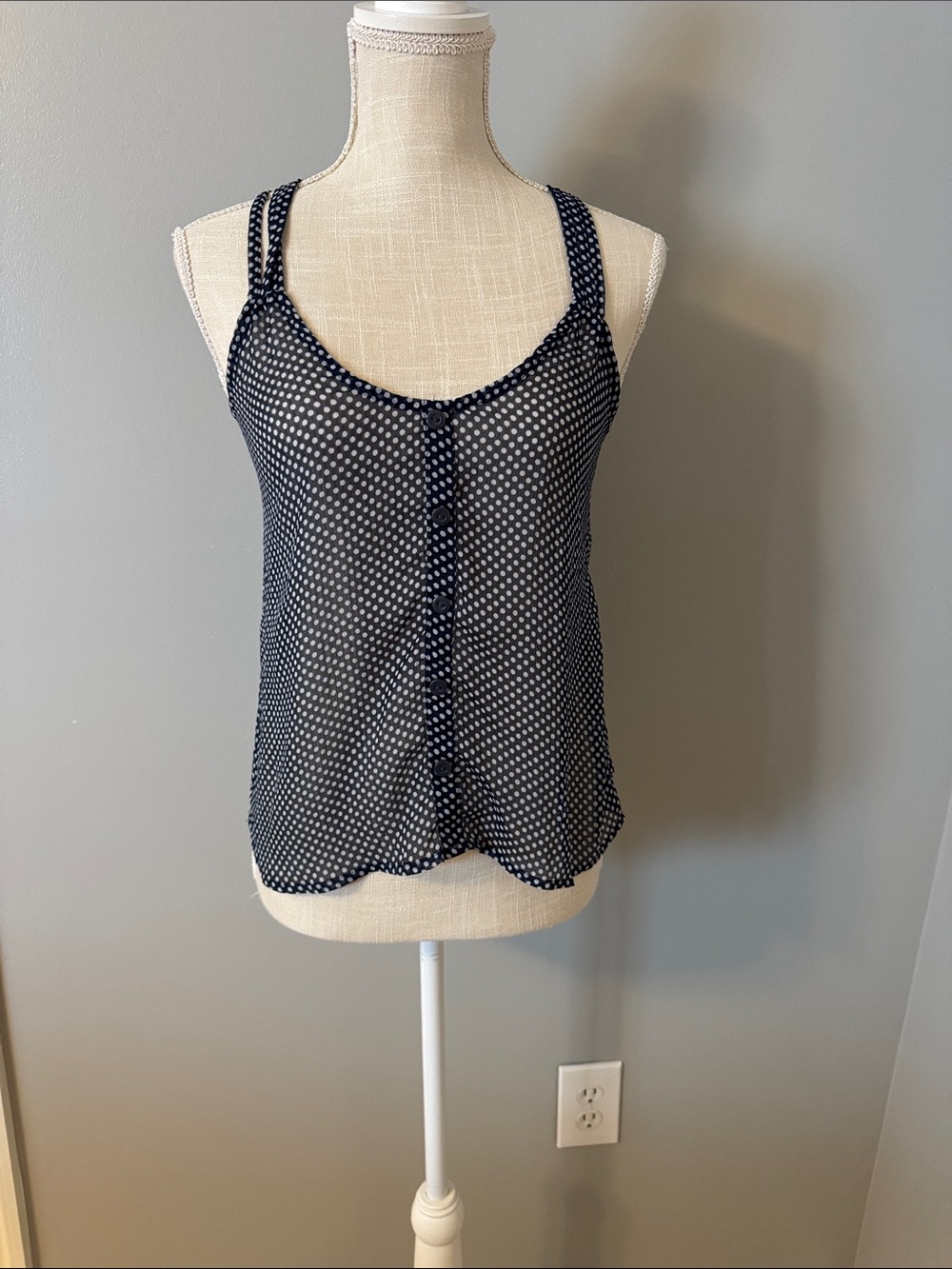 Full Tilt Navy and White Polka Dot Sheer Button-Front Cami